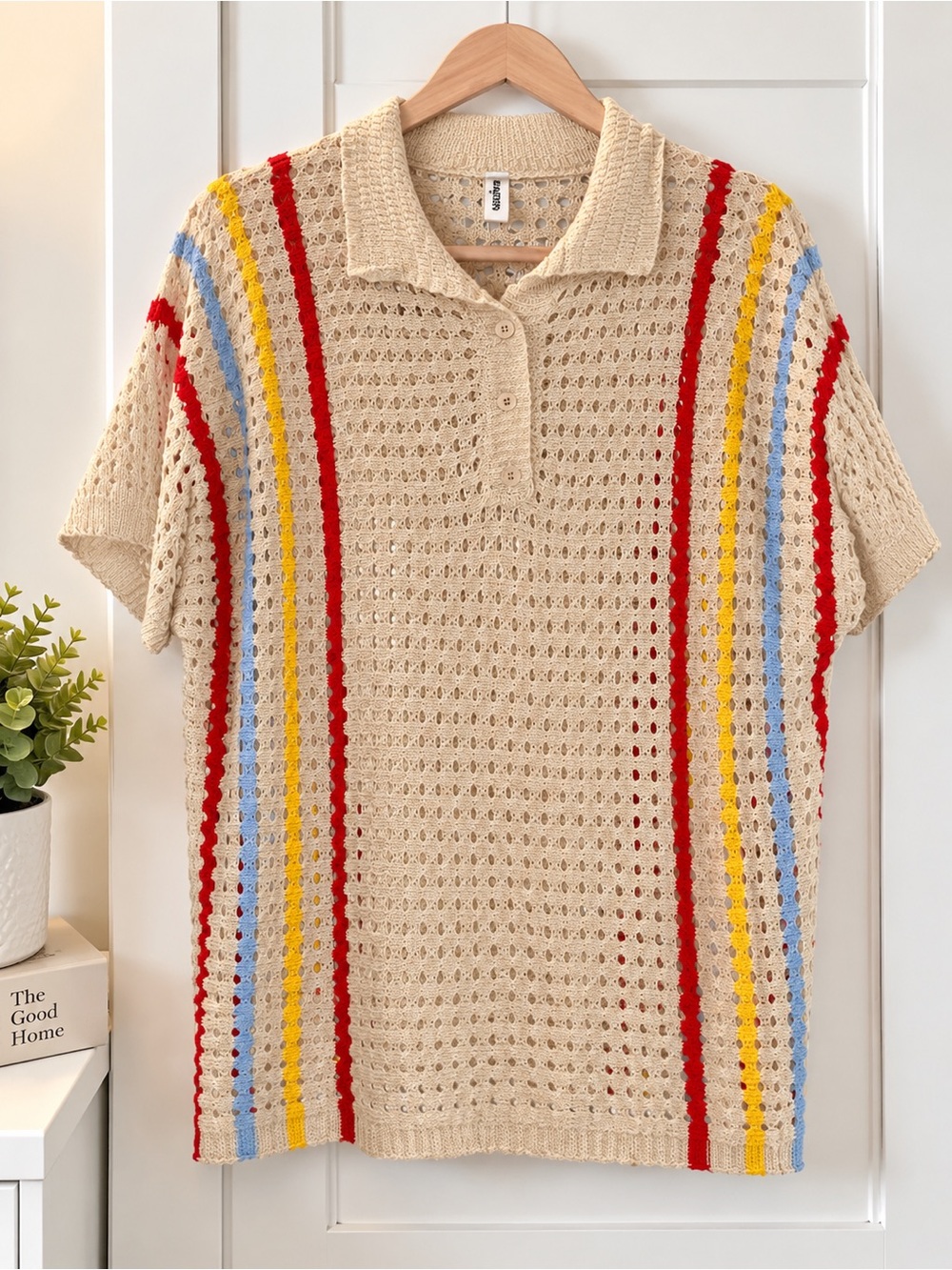 Beige Knit Polo Top with Red, Yellow & Blue Stripes
